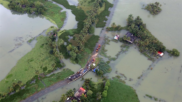 An aerial view shows partially submerged road at a flooded area i