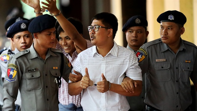 Detained Reuters journalists Wa Lone and Kyaw Soe Oo arrive at Insein court in Yangon, Myanmar
