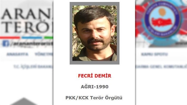 A PKK terrorist Fecri Demir neutralized in eastern Turkey was tagged 'grey' on Interior Ministry list