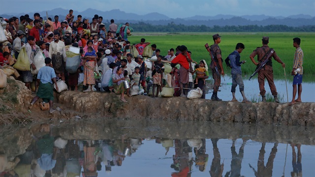 Rohingya refugees who fled from Myanmar wait in the rice field