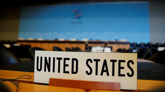 The name place sign of United States is pictured on the country's desk before the General Council meeting at the World Trade Organization (WTO) in Geneva, Switzerland, July 26, 2018. 