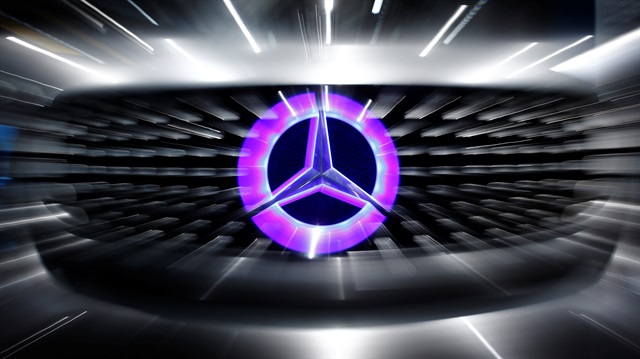 An illuminated logo of Mercedes is seen on the Mercedes-Benz F105 at an exhibition before the Daimler annual shareholder meeting in Berlin, Germany