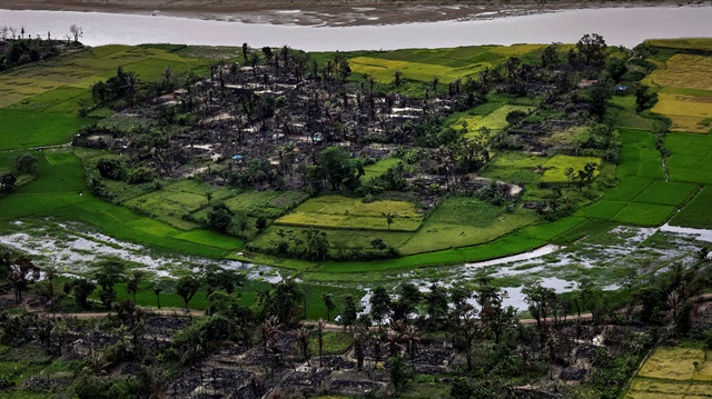 The remains of a burned Rohingya village is seen in this aerial photograph