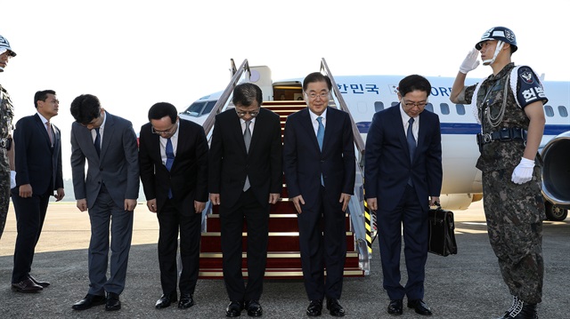 South Korean special envoys led by the chief of the national security office at SeoulÕs presidential Blue House, Chung Eui-yong, leave for Pyongyang from an airport in Sungnam city, South Korea September 5, 2018
