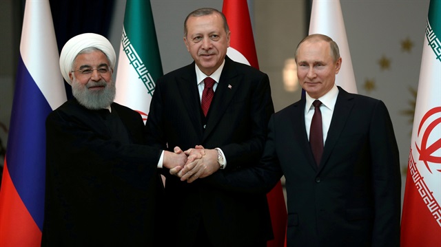 Presidents Hassan Rouhani of Iran, Tayyip Erdogan of Turkey and Vladimir Putin of Russia.