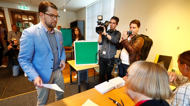 Sweden Democrats party leader Jimmie Akesson at a polling station