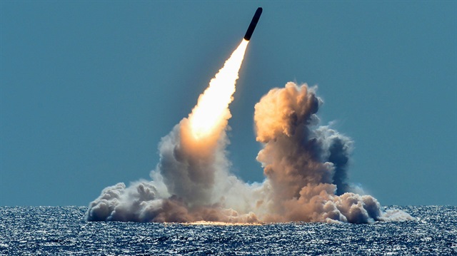 An unarmed Trident II D5 missile is test-launched from the Ohio-class U.S. Navy ballistic missile 