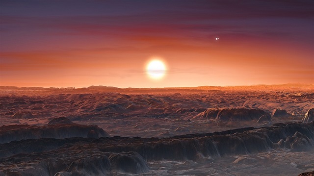 Proxima Centauri b'nin etrafında dönen gezegenin görünümü.