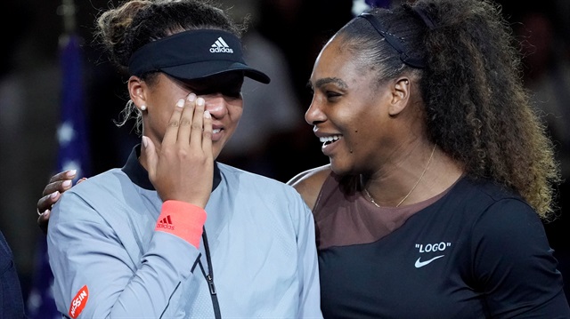 Naomi Osaka of Japan (left) cries as Serena Williams of the USA comforts her after the crowd booed during the trophy ceremony following the women’s final on day thirteen of the 2018 U.S. Open tennis tournament at USTA Billie Jean King National Tennis Center. 