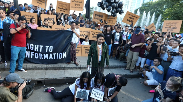 Myanmar press freedom advocates and youth activists hold a demonstration demanding the freedom of two jailed Reuters journalists Wa Lone and Kyaw Soe Oo in Yangon, Myanmar September 16, 2018. 