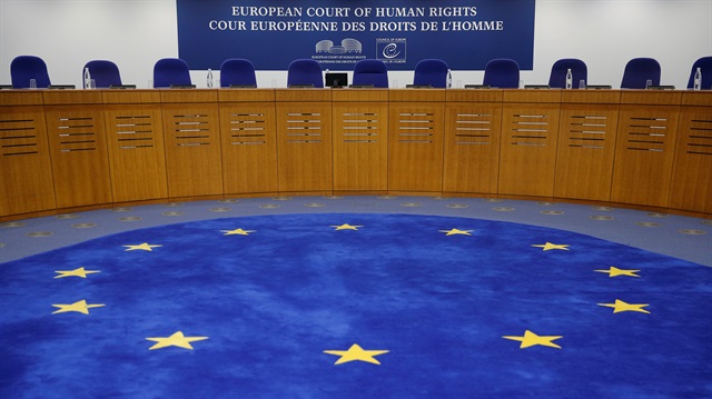 A view shows the courtroom of the European Court of Human Rights.