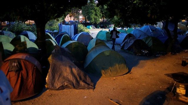 Tents where migrants live are seen in the downtown of Nantes, France