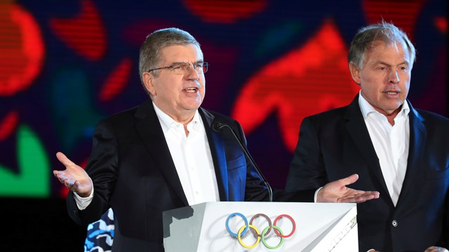 Thomas Bach, President of the International Olympic Committee (IOC), speaks alongside Gerardo Werthein, President of the Argentine Olympic Committee, during the Opening Ceremony of the 2018 Buenos Aires Youth Olympic Games, Argentina October 6, 2018