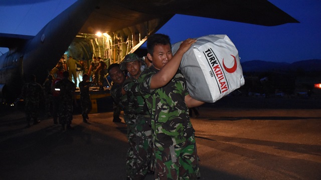 The aid was transported to the affected regions after the aircraft landed in Palu.