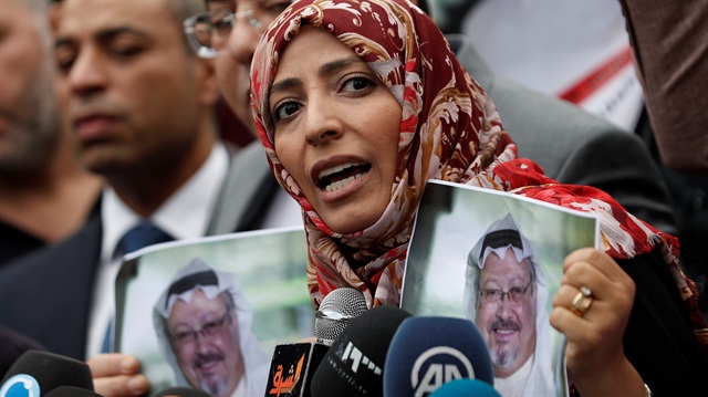 Nobel Peace Prize winner Tawakkol Karman of Yemen talks during a protest outside the Saudi Consulate in Istanbul, Turkey October 8, 2018. 