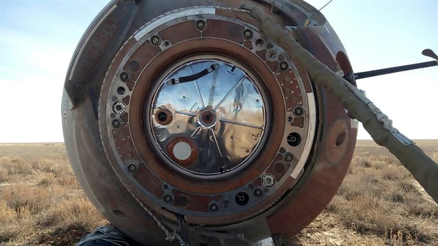 A view shows the Soyuz capsule transporting U.S. astronaut Nick Hague and Russian cosmonaut Alexei Ovchinin, after it made an emergency landing following a failure of its booster rockets, near the city of Zhezkazgan in central Kazakhstan October 11, 2018. 