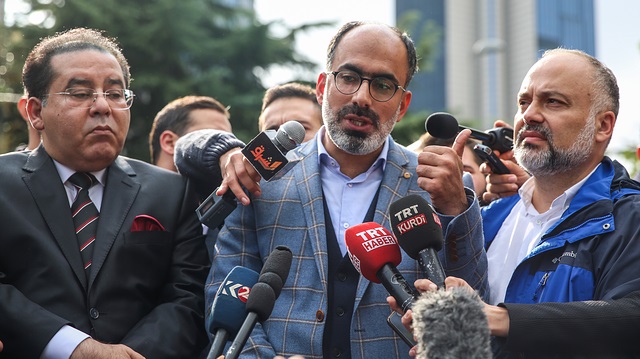 Turan Kışlakçı speaks during a press conference held in front of the Saudi consulate on October 20, 2018.