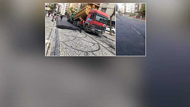 Belediye ekiplerinin asfalt çalışmalarının ardından sokağın görünümü zift yığınına döndü. 