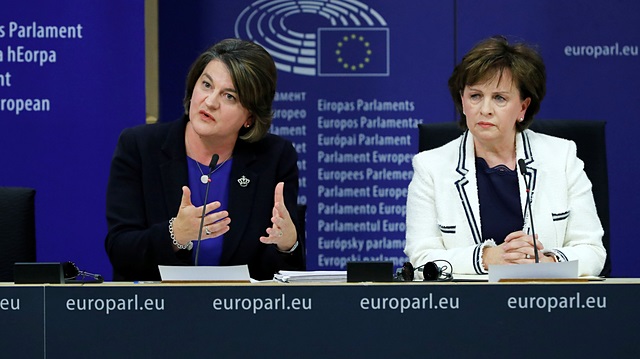 Northern Irish Democratic Unionist Party (DUP) leader Arlene Foster and DUP member Diane Dodds hold a news conference at the European Parliament after meeting EUÕs Brexit negotiator Michel Barnier in Brussels October 9, 2018