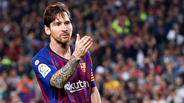 Barcelona's Lionel Messi celebrates scoring their second goal 