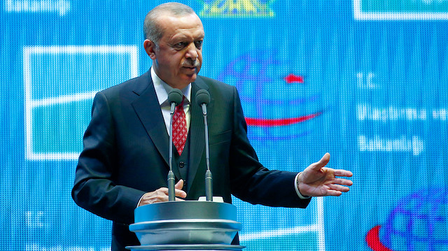 Cumhurbaşkanı Recep Tayyip Erdoğan, İstanbul Havalimanı'nın açılışında konuşuyor. 