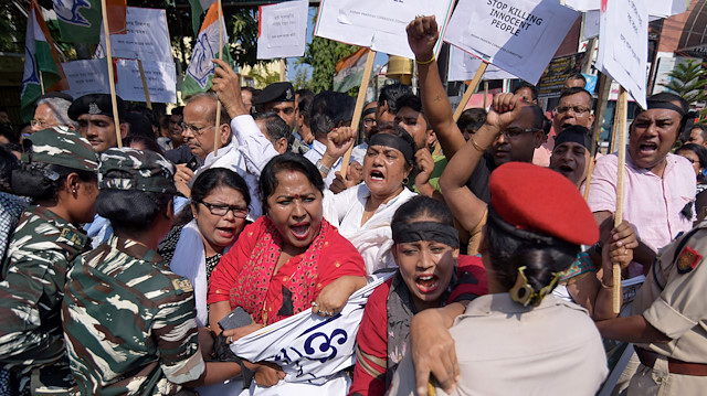 Activists of Assam Pradesh Congress Committee (APCC) shout slogans during a protest against the killings of five Bengali-speaking Hindu men by suspected Indian militants in Assam's Tinsukia district, in Guwahati, India November 2, 2018. 