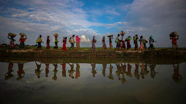 Rohingya refugees are reflected in rain water along an embankment next to paddy fields after fleeing from Myanmar into Palang Khali, near Cox's Bazar, Bangladesh November 2, 2017. 