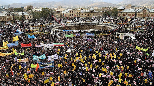 Iranian people gather to mark the anniversary of the seizure of the U.S. Embassy, in Tehran, Iran