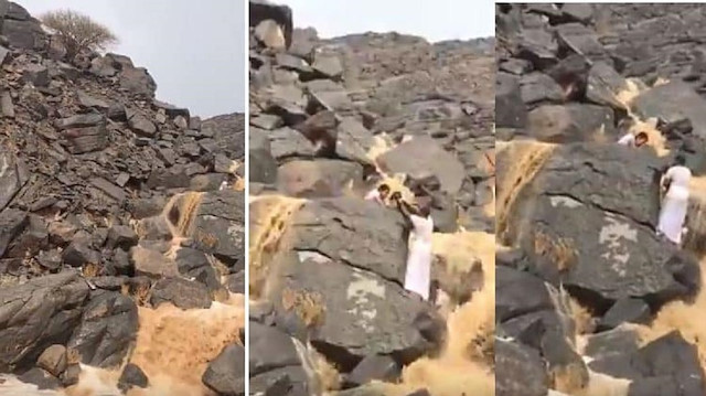 شاهد: شبان ينقذون ماعزاً احتجزتها السيول بين صخور وعرة في نجران
