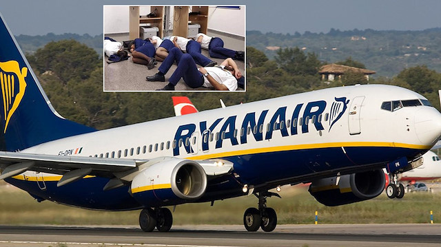 Ryanair uçağı ve 6 kişilik kabin ekibi.