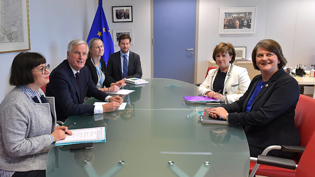 File photo: European Union's chief Brexit negotiator Michel Barnier attends a meeting with Northern Ireland's Democratic Unionist Party (DUP) leader Arlene Foster and DUP member Diane Dodds at the EU Commission headquarters in Brussels, Belgium October 9, 2018