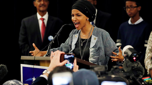 Democratic congressional candidate Ilhan Omar speaks at her midterm election night party 
