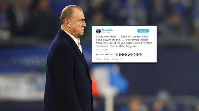 Futbol yorumcusu Ahmet Çakar, Fatih Terim'in aldığı cezalarla ilgili olarak sosyal medya hesabından olay bir paylaşım yaptı.