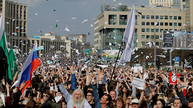 People release paper planes, symbol of the Telegram messenger, during a rally in protest against court decision to block the messenger because it violated Russian regulations, in Moscow, Russia