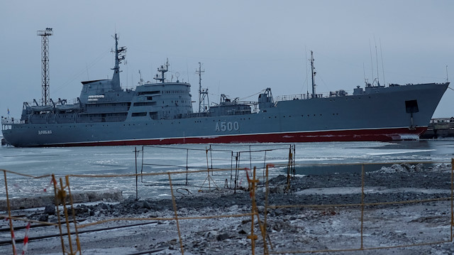 A command ship of the Ukrainian Navy of Donbas is seen in the Azov Sea port of Mariupol, Ukraine.