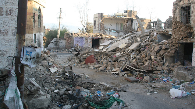 A view of destruction in a street in the southwestern city of Taiz, Yemen