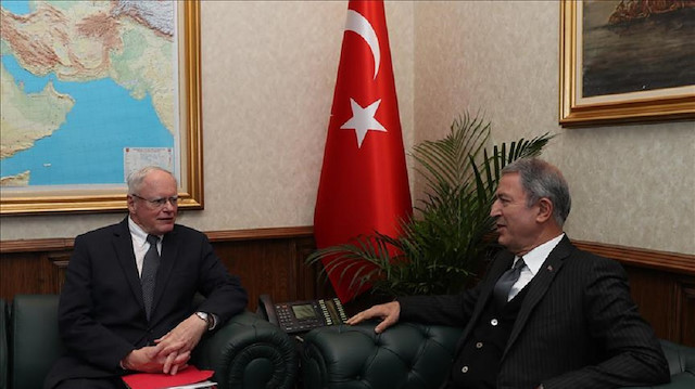 Turkish National Defense Minister Hulusi Akar (R) meets US Special Representative for Syria James Jeffrey (L) in Ankara, Turkey.