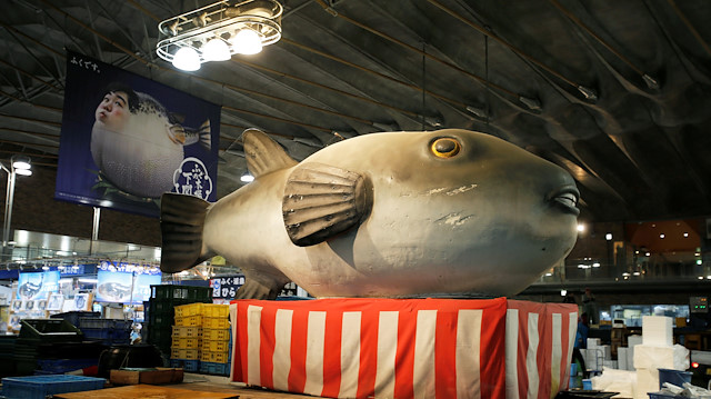Giant statue of a pufferfish is displayed at Karato fish market in Shimonoseki, southern Japan.