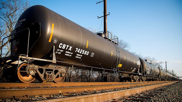 A crude oil train sits parked outside the Philadelphia Energy Solutions