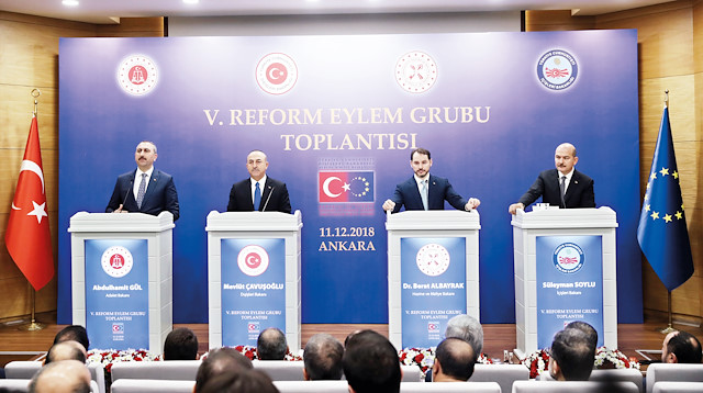  Dışişleri Bakanı Mevlüt Çavuşoğlu, Adalet Bakanı Abdulhamit Gül, Hazine ve Maliye Bakanı Berat Albayrak ile 
İçişleri Bakanı Süleyman Soylu'nun katılımıyla yapılan 5. Reform Eylem Grubu Toplantısı ortak bildirisi yayımlandı