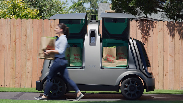 NuroÕs R1 driverless delivery van is seen packed with bags from KrogerÕs FryÕs Food Stores, which will begin a test of the vehicle in Scottsdale, Arizona, US.