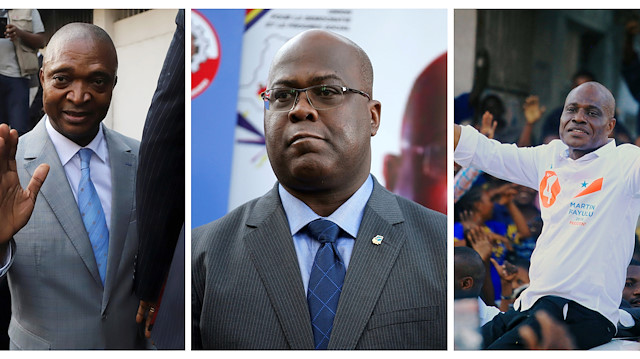 A combination of file photos of Former Congolese interior minister Emmanuel Ramazani Shadary (L) at the Congo's electoral commission head offices in Kinshasa in Democratic Republic of Congo on August 8, 2018, Felix Tshisekedi (2-L), leader of Congolese main opposition the Union for Democracy and Social Progress (UDPS) party during the news conference in Nairobi in Kenya on November 23, 2018 and Congolese joint opposition Presidential candidate Martin Fayulu (R) in Goma, North Kivu Province of the Democratic Republic of Congo.