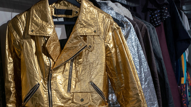 Biker-style jackets by fashion brand Altiir made with Pinatex, a leather-like textile made from pineapples are displayed in London