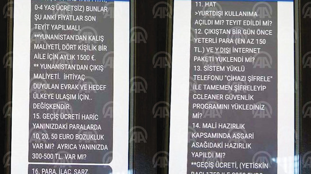 Örgütün gizli haberleşme programlarından "Signal" aracılığıyla gönderilen fiyat tarifesi, çeşitli talimatlar ve Meriç Nehri'nden geçmek için alınan önlemlerin yer aldığı yazışmalar