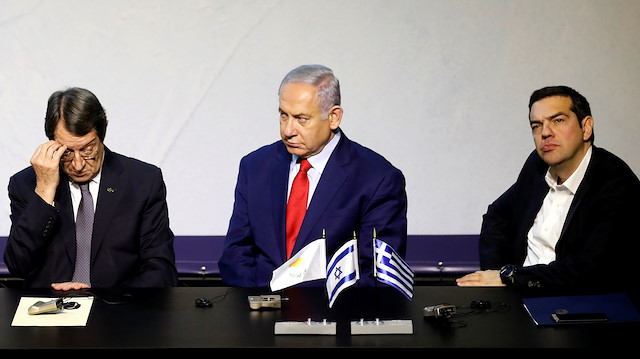 İsrail Başbakanı Benjamin Netanyahu, Yunanistan Başbakanı Aleksis Çipras ve GKRY Cumhurbaşkanı Nicos Anastasiades