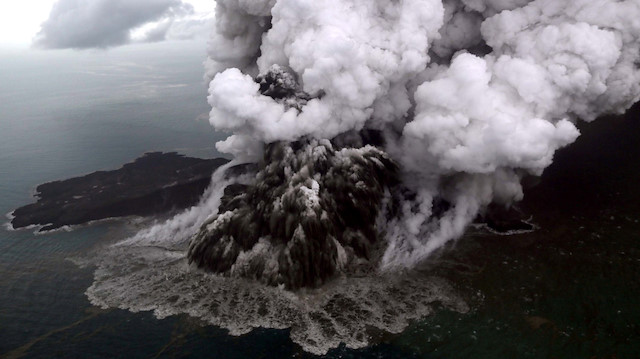 An aerial view of Anak Krakatau volcano during an eruption at Sunda strait in South Lampung, Indonesia, December 23, 2018 