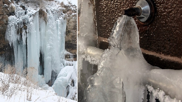 Bayburt'ta Sırakayalar Şelalesi, Erzurum'da şadırvanlar buz tuttu. 