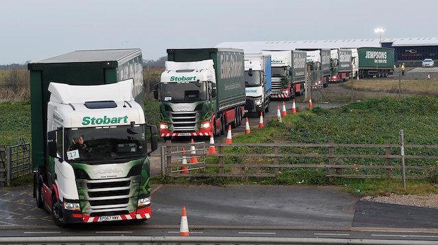 Britain began rehearsals on Monday for the upheaval of a no-deal Brexit by lining up 87 trucks at a little-used airport for a trip towards the United Kingdom's most important trading gateway to continental Europe.