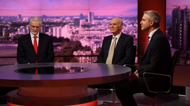 Britain's opposition Labour party leader Jeremy Corbyn, the leader of Britain's Liberal Democrats Vince Cable and Britain's Brexit Secretary Stephen Barclay appear on the BBC's Andrew Marr Show, in London, Britain.