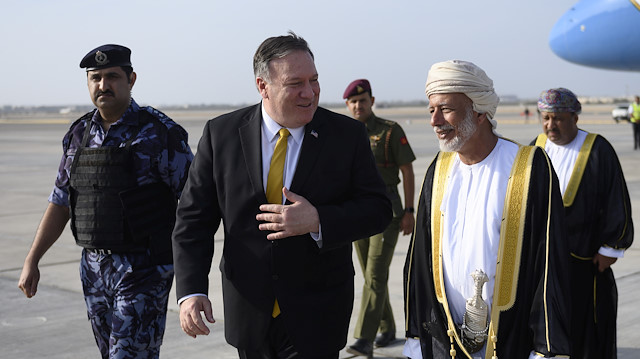 U.S. Secretary of State Mike Pompeo is received by Oman's Minister of Foreign Affairs Yusuf bin Alawi bin Abdullah, upon his arrival at the Seeb South airfield in capital Muscat, Oman January 14, 2019.